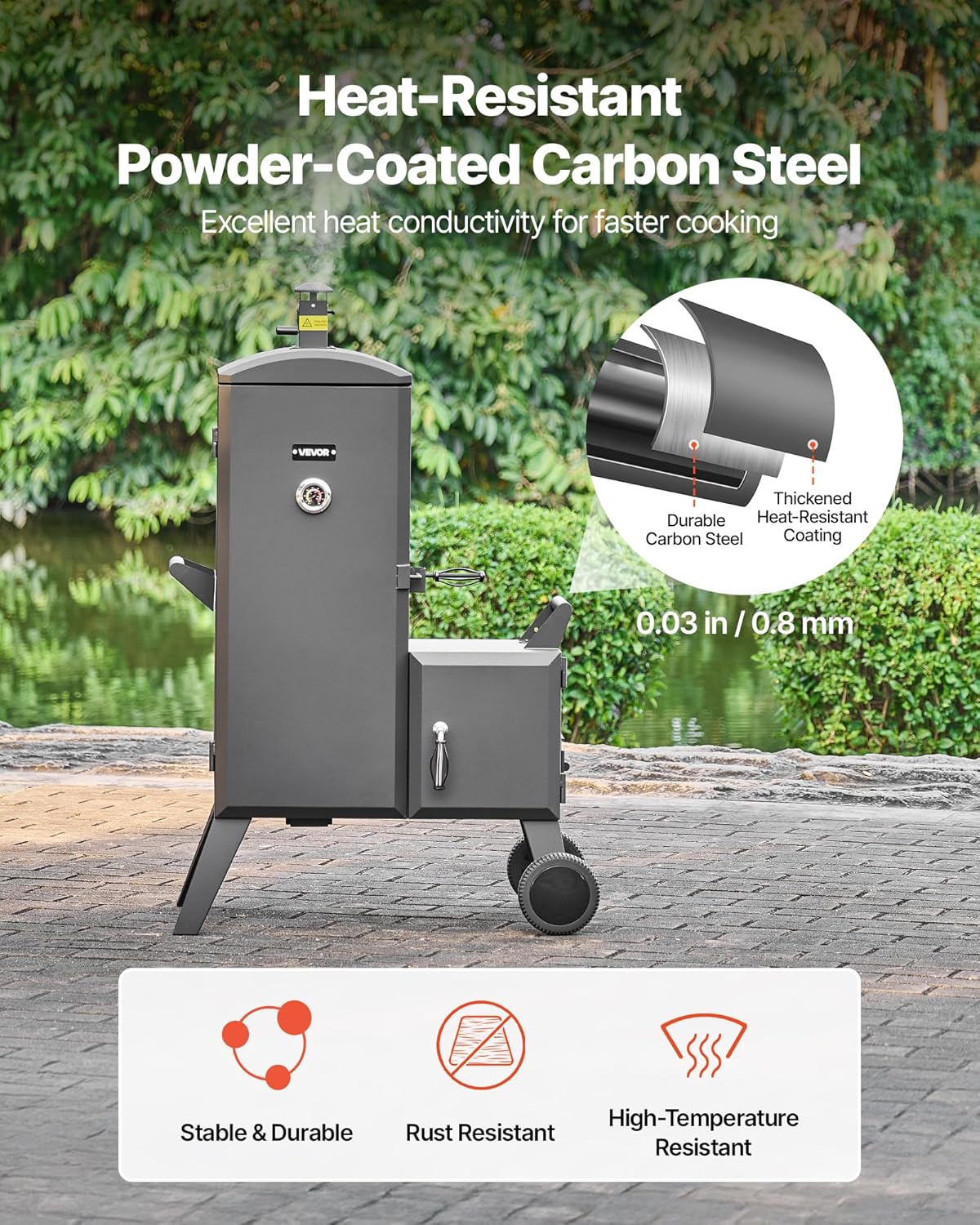 Charcoal Offset Smoker, Heavy-Duty Steel BBQ Offset Smoker with Side Firebox, Movable Outdoor Barbecue Smokers with 6