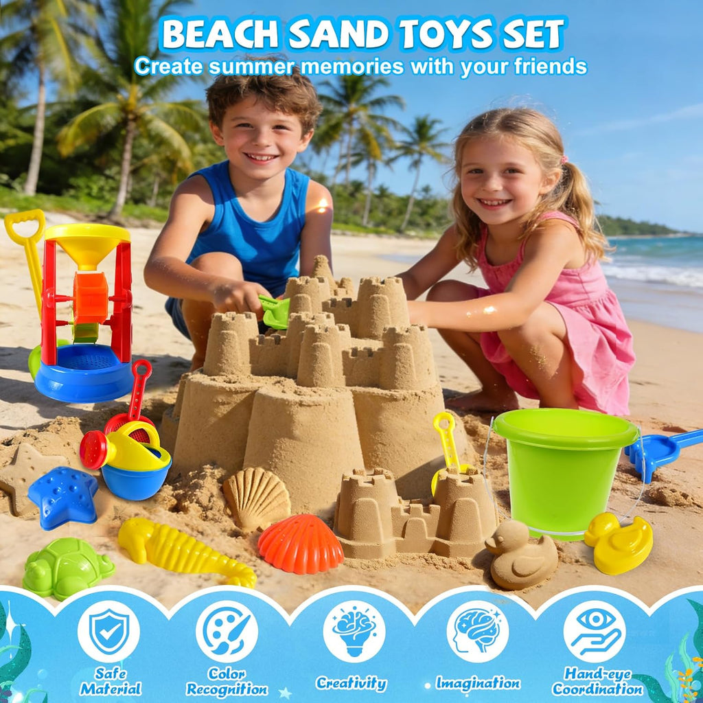 Beach Toys, 19 Piece Sand Toys Set Kids Sandbox Toys Includes Water Wheel Beach Tool Kit Bucket Watering Can Molds