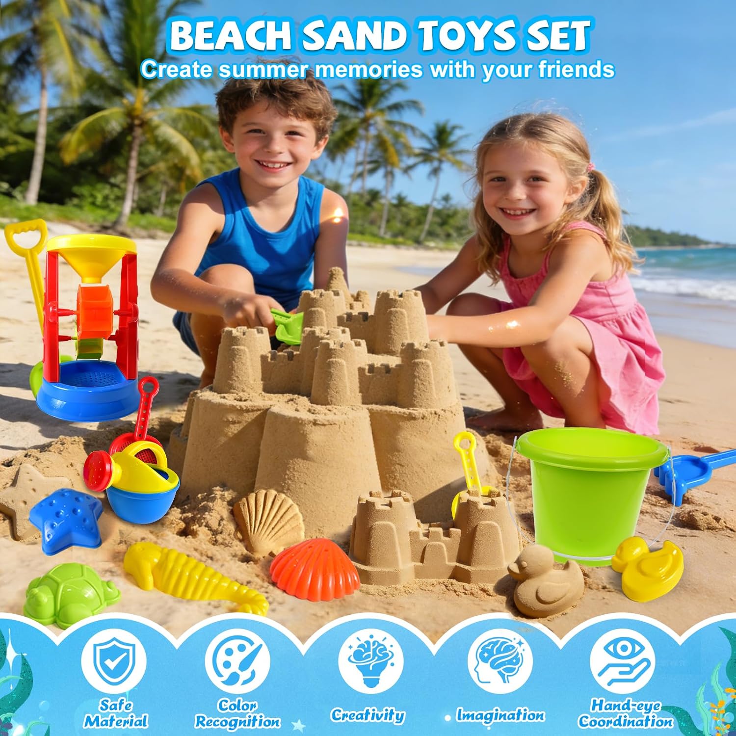 Beach Toys, 19 Piece Sand Toys Set Kids Sandbox Toys Includes Water Wheel Beach Tool Kit Bucket Watering Can Molds