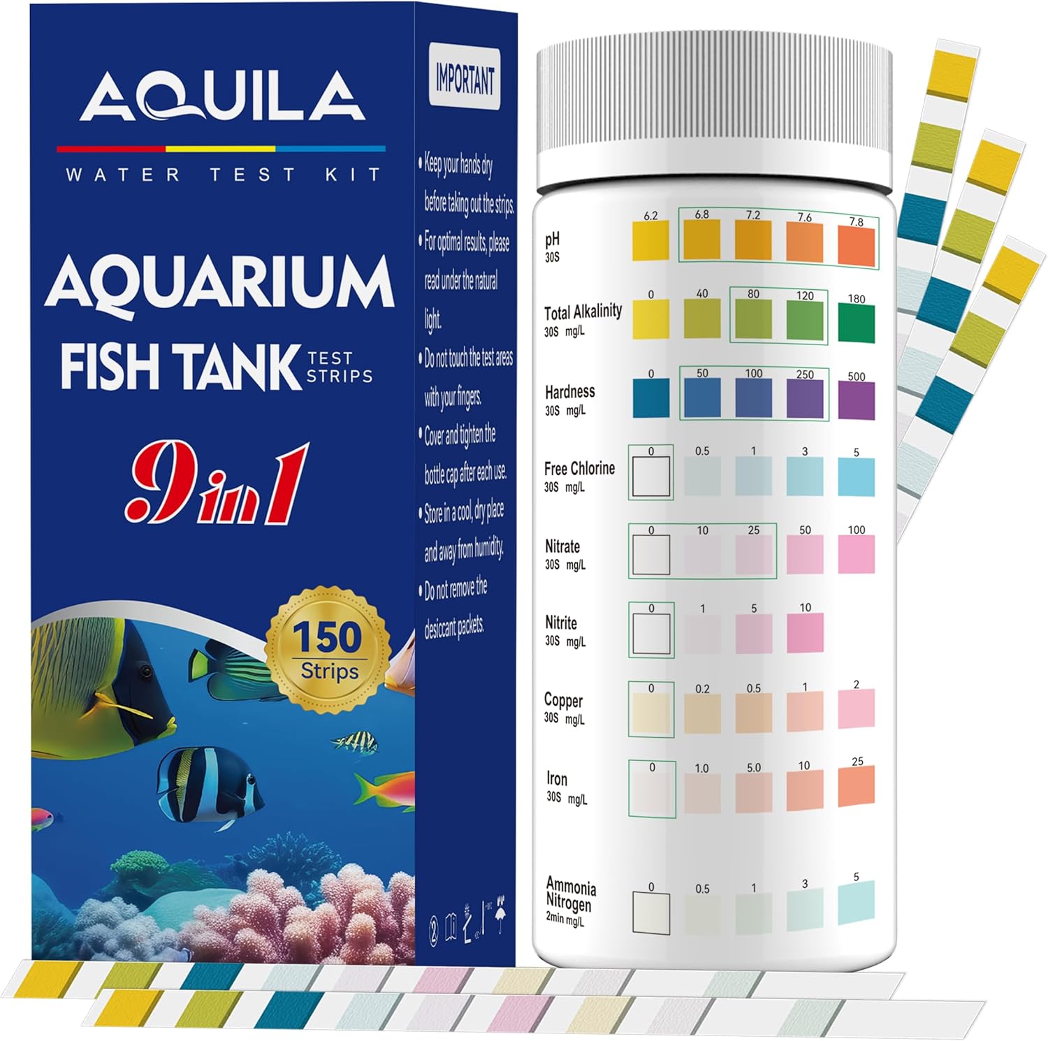 Aquarium Water Test Kit 9-in-1, Aquarium Ammonia Test Strips for Fish Tanks | Fish Ponds, 150CT Fresh and Salt Water