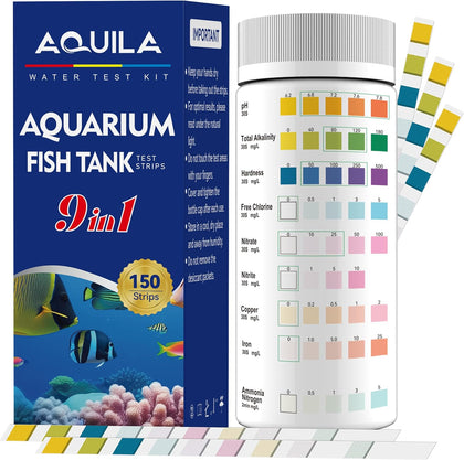 Aquarium Water Test Kit 9-in-1, Aquarium Ammonia Test Strips for Fish Tanks | Fish Ponds, 150CT Fresh and Salt Water