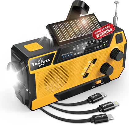 Hand Crank Emergency Radio 7400mWh (2000mAh) Solar Hand Crank Radio | Built in 3 Charging Cables AM/FM/NOAA Weather