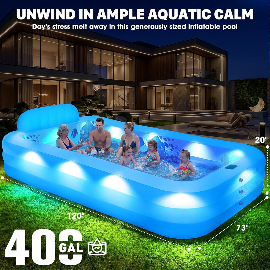 Extra Large Inflatable Pool with Lights,Upgraded Solar Powered Blow Up Pool for Adults,Inflatable Kids Swimming Pool