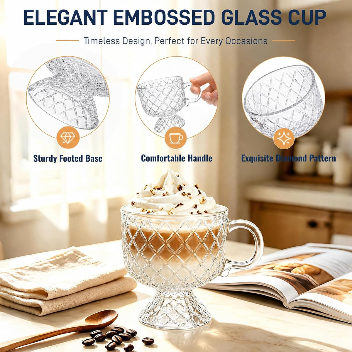 6 Pack Glass Coffee Mugs, 8 Oz Irish Coffee Cups with Handle