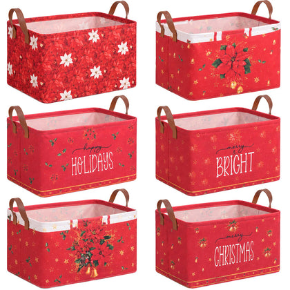 6 Pack Christmas Basket Collapsible Poinsettia Christmas Storage Bin