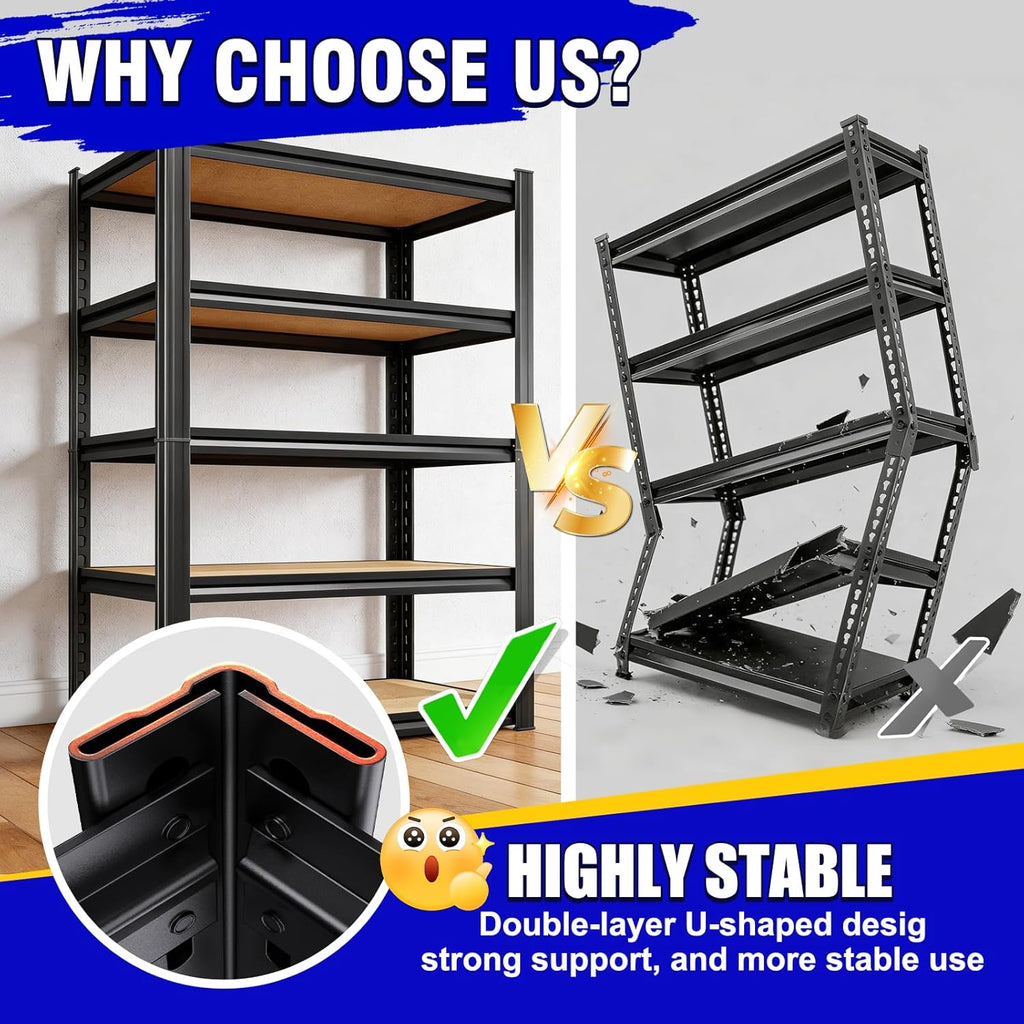 71"H Garage Shelving-5 Tier Garage Storage Shelves,Adjustable Heavy Duty Metal Shelving Unit and Storage Large