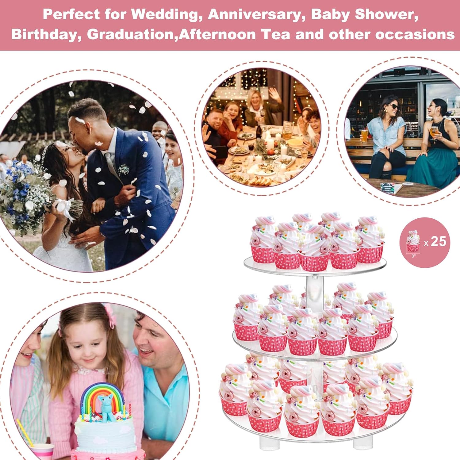 3 Tiers Round Cupcake Stand, Acrylic Cake Tower Stand Holder Macaron Display Rack Cookie Candy Buffet Desserts