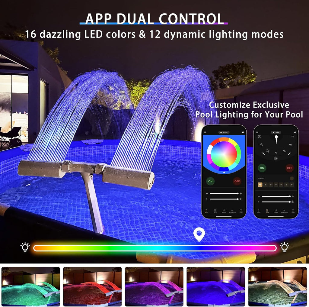 Pool Fountain with Light, 16-Color 12-Modes, Dual Spray Water Fountains for Above Ground & In-ground Pools, APP