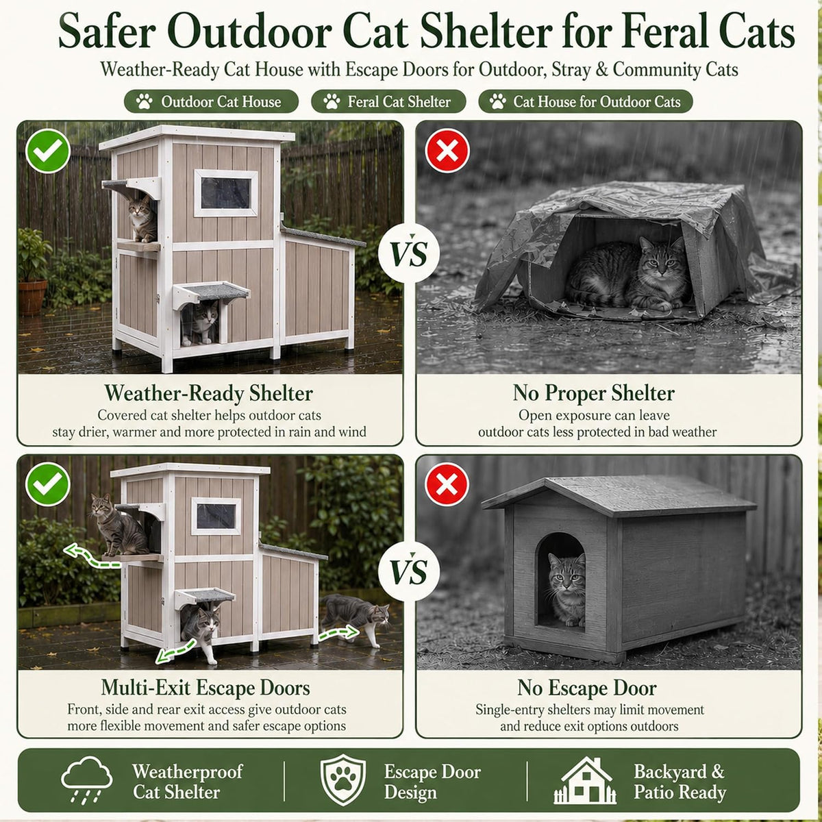 Outrdoor Cat House for 2-3 Cats Safe Outdoor Feral Cat Shelter Weatherproof Wooden Cat Houses with 3 Rooms 3 Escape