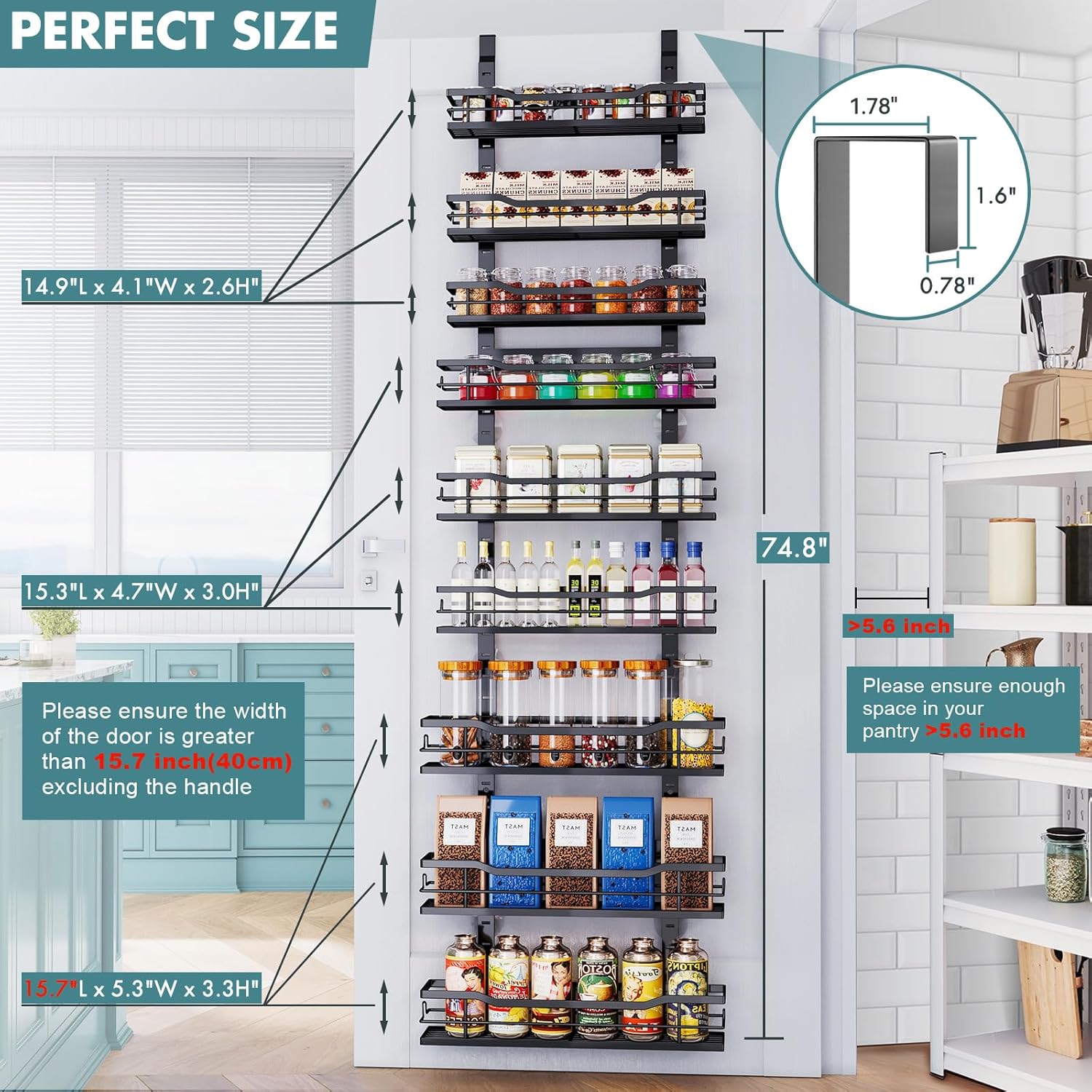 Over The Door Pantry Organizer，9-Tier Over The Door Organizer with Adjustable Basket，Metal Hanging Pantry Organizers