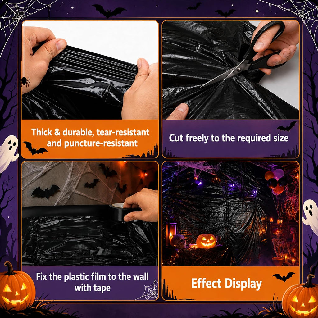 49 x 10 Ft Halloween Black Plastic Sheeting, Spooky Backdrop Decoration Kit