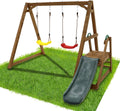 Kids Swing Set Outdoor and Slide - Sturdy Solid Wood Swing Frame with Climbing Ladder - Natural