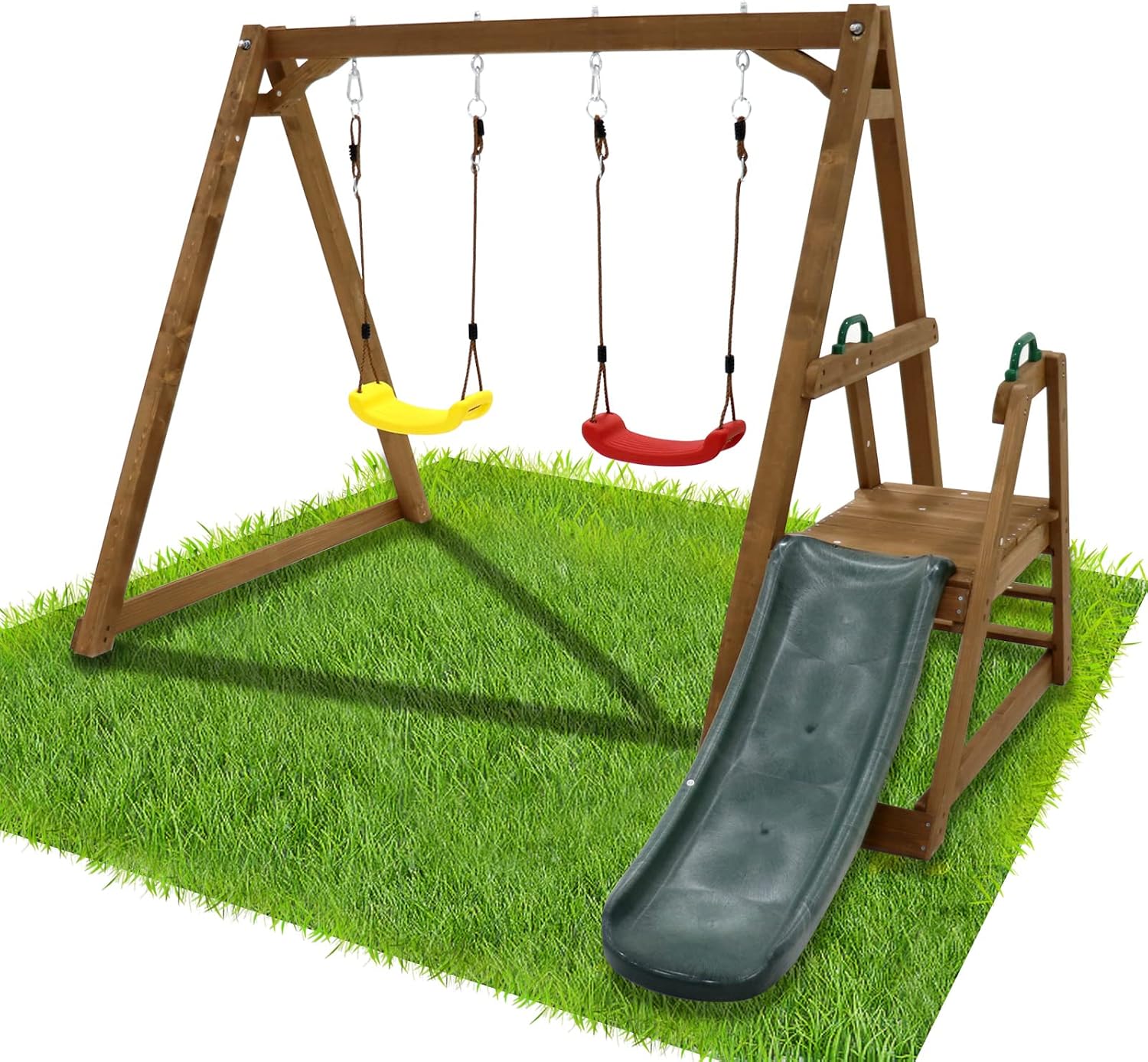 Kids Swing Set Outdoor and Slide - Sturdy Solid Wood Swing Frame with Climbing Ladder - Natural