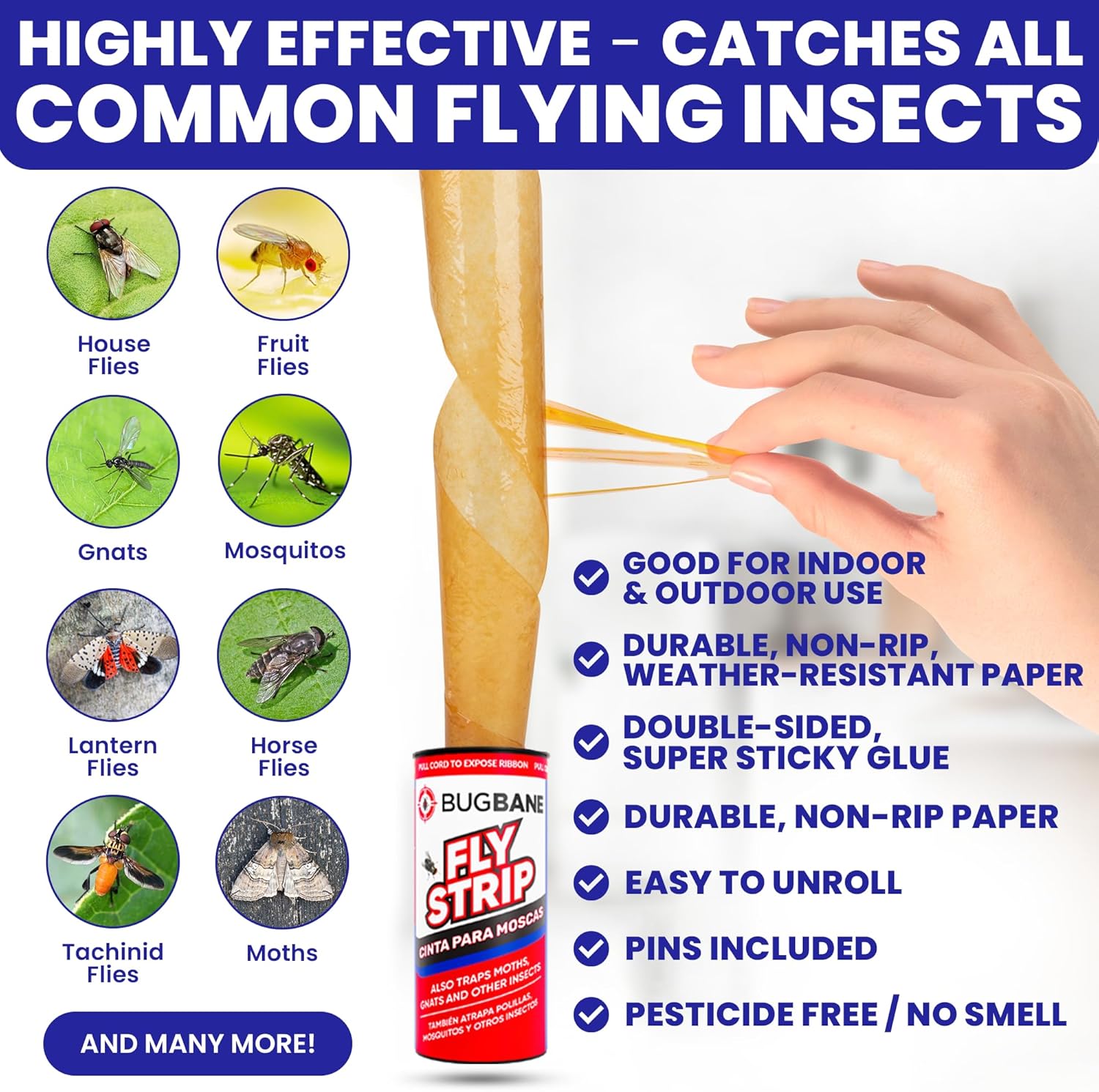 Fly Strips Indoor Sticky Hanging 10pk with Pins. Non Toxic Outdoor Fly Trap Indoor for Home. Flies Tape Paper Trap