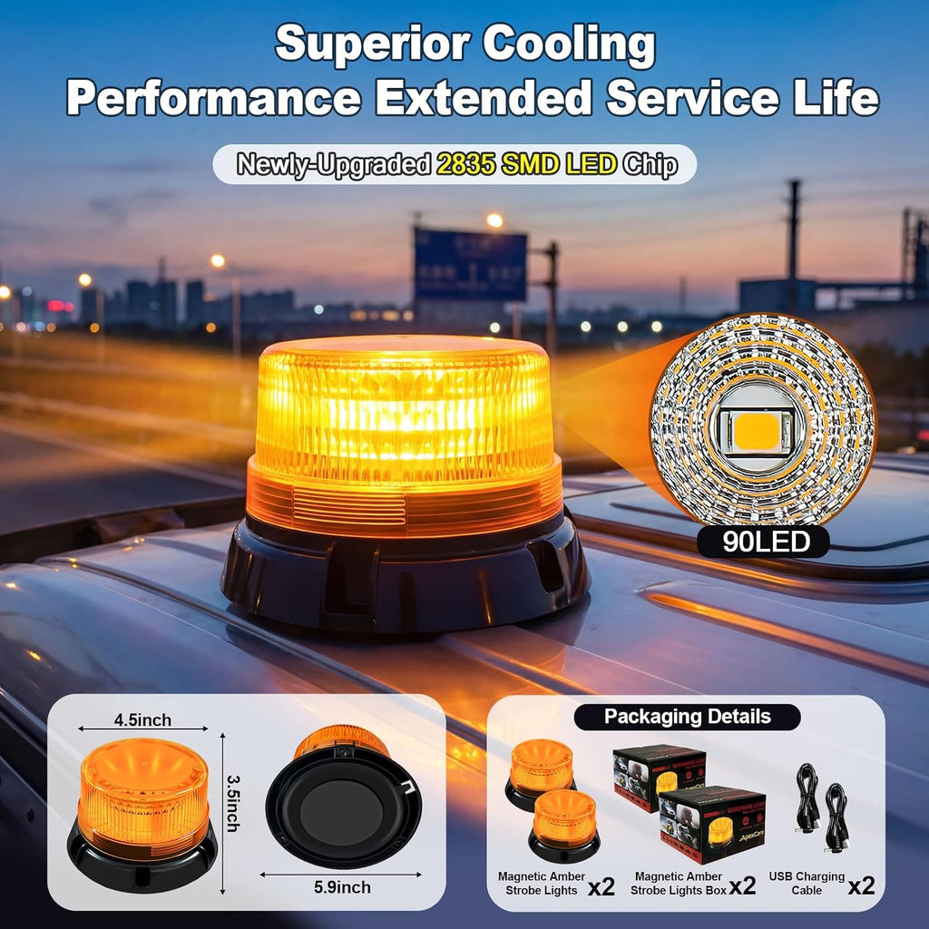 2-Pack Amber Strobe Beacon Light, Rechargeable LED, Magnetic Base | Wireless 3600mAh with suction cup mount.