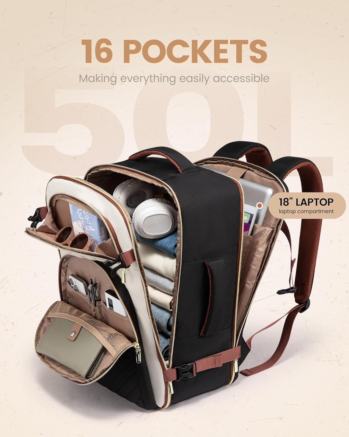 Travel Backpack Carry on Flight Approved 50L,Waterproof TSA Travel Essentials Personal Item Backpack for Women