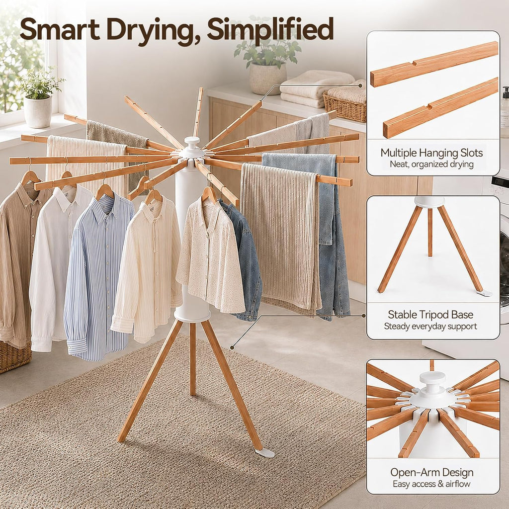 2026 Tripod Clothes Drying Rack, Clothing Stand, Foldable Rotary Laundry Drying Racks with 16 Wooden Arm, Indoor &