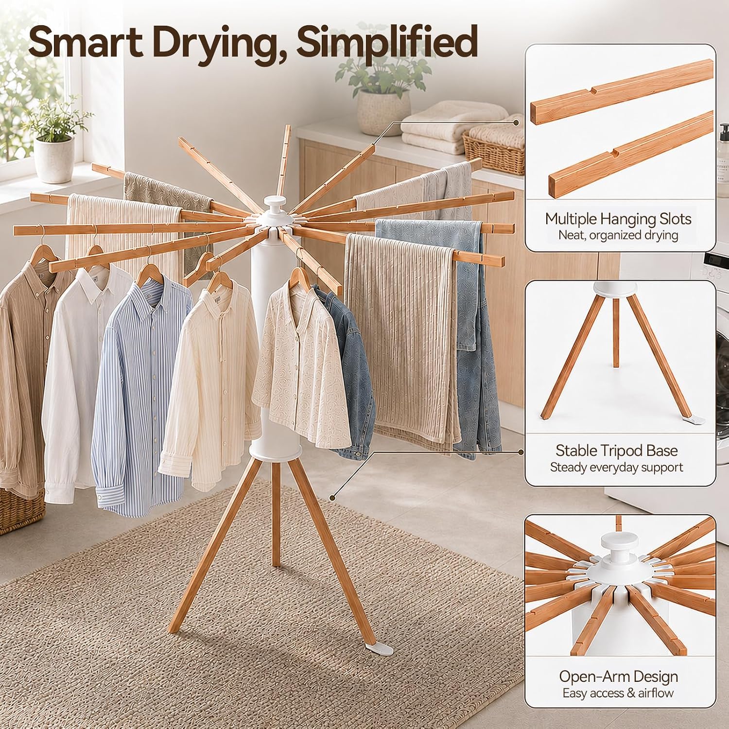 2026 Tripod Clothes Drying Rack, Clothing Stand, Foldable Rotary Laundry Drying Racks with 16 Wooden Arm, Indoor &