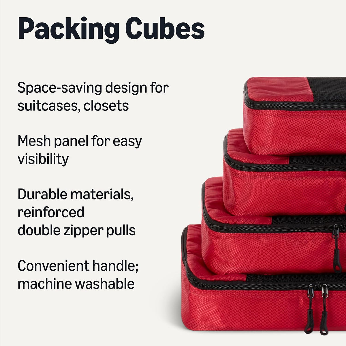 4-Piece Packing Cubes Travel Accessories Set, Luggage Organizer with Double Zipper, Mesh Top, Space-Saving, Medium