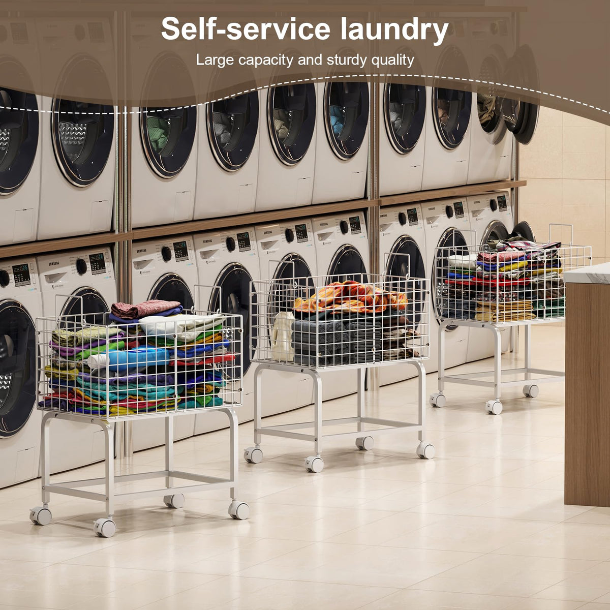 Laundry Basket with Wheels,80L Wire Rolling Laundry Basket with Pull Handle,White High Laundry Cart for Laundry