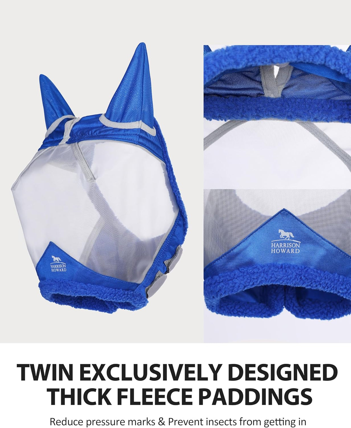 CareMaster Horse Fly Mask UV Protective Fine Mesh with Extra Wool Soft Touch on Skin Champion Blue-Silver L