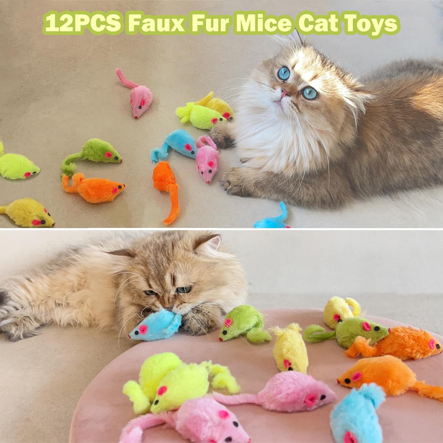 12PCS Rattle Cat Mouse Toys also Prefilled Catnip, 2.36” Mice Body Size, Faux Fur Cat Mice Toys with Plastic Body