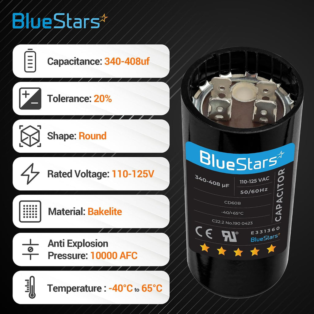 BlueStars 2 Packs 340-408 uF 110-125 VAC Motor Start Capacitor 50/60 Hz