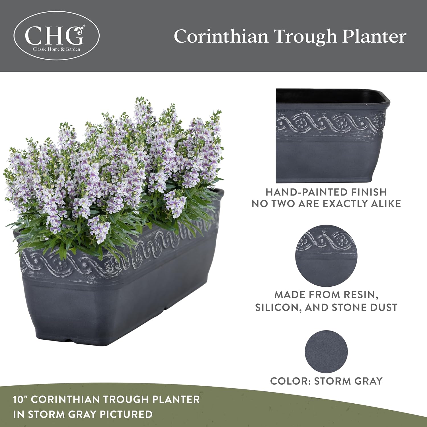 Classic Home and Garden by Growscape Corinthian Rectangular Planter Box w/Drain Plug - Small Succulent Pots - Shallow