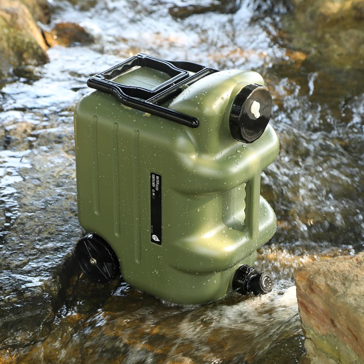 7.4 Gal Portable Water Container with Wheels & Spigot, Green | BPA-Free Rolling Camping Water Jug with Wheels &