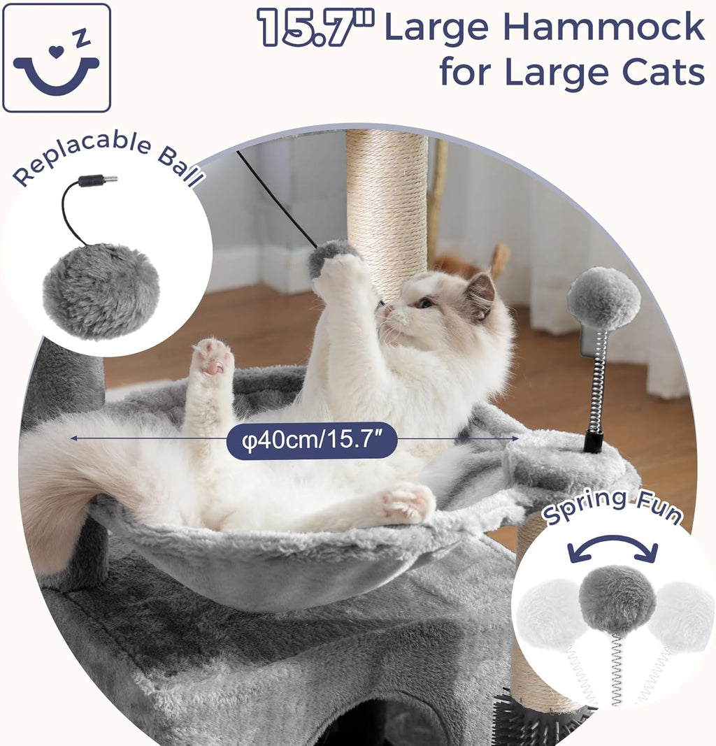 Cat Tree 32 Inches Small Cat Tower with Large Hammock Dia 15.7”,Self Groomer, Fully Scratching Post, Removable Top