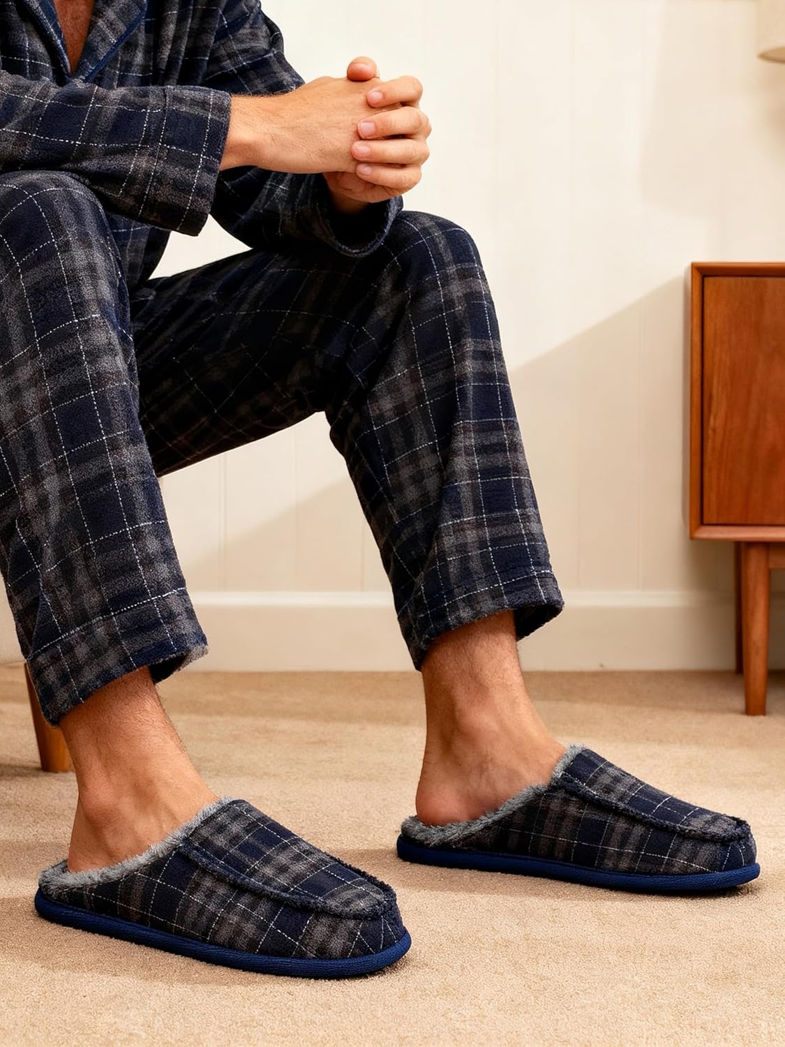 Mens Slippers Memory Foam Non Slip Backless Moccasins | Open heel slip on design, plush lining, cushioned footbed and