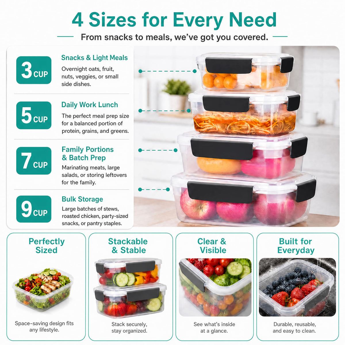 5cup Plastic Food Storage Containers With Lids For Lunch Meal Prep,5pk