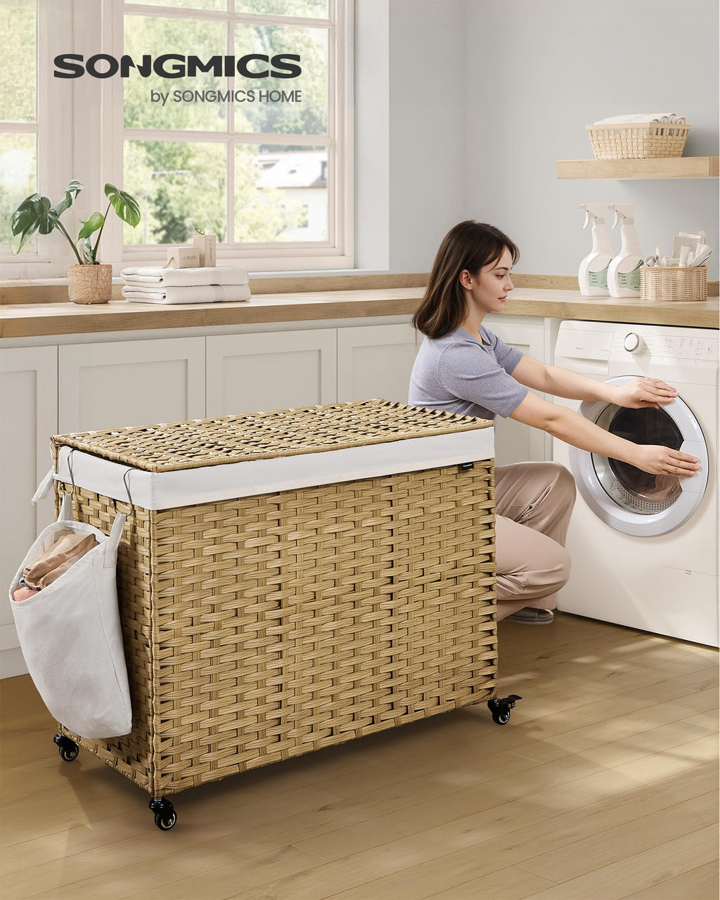 Rolling Laundry Hamper with Lid, 210 L 4-Section Synthetic Rattan