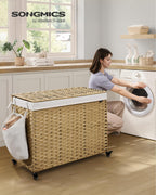 Rolling Laundry Hamper with Lid, 210 L 4-Section Synthetic Rattan