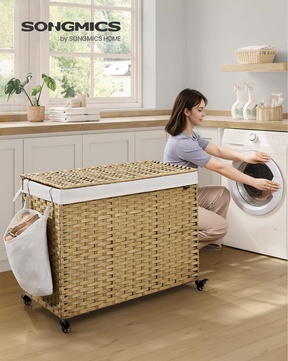 Rolling Laundry Hamper with Lid, 210 L 4-Section Synthetic Rattan