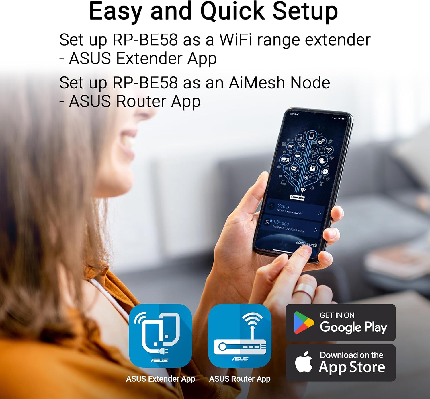 RP-BE58 BE3600 Dual Band WiFi 7 (802.11be) Range Extender, AiMesh Extender for Seamless mesh WiFi; Works with Any