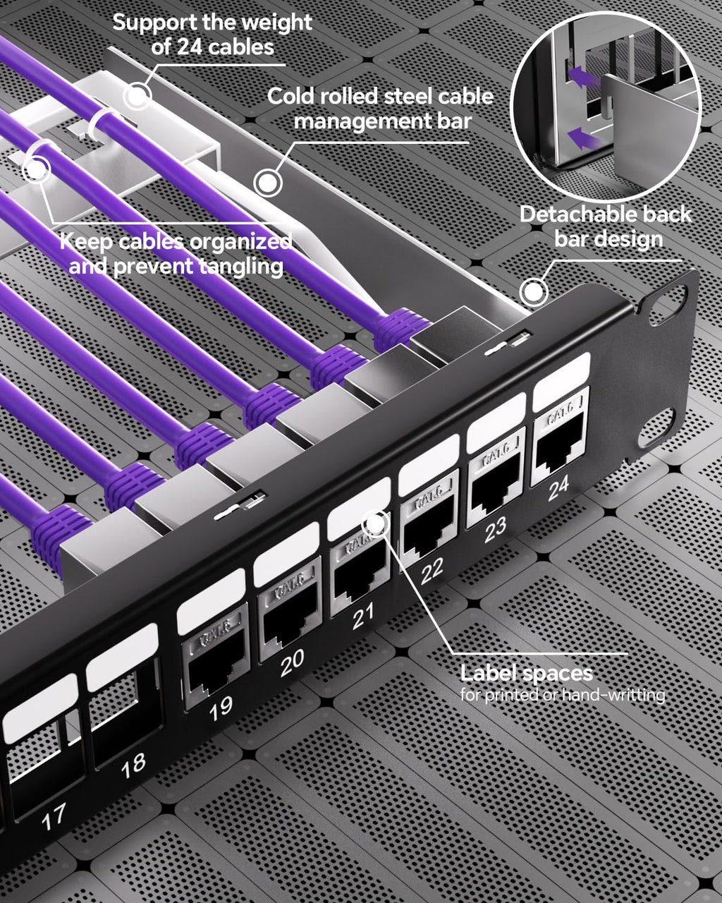 24 Port Shielded Cat6A Keystone Patch Panel, 1U 19-Inch All Metal | With Inline Keystone Coupler and Cable Management