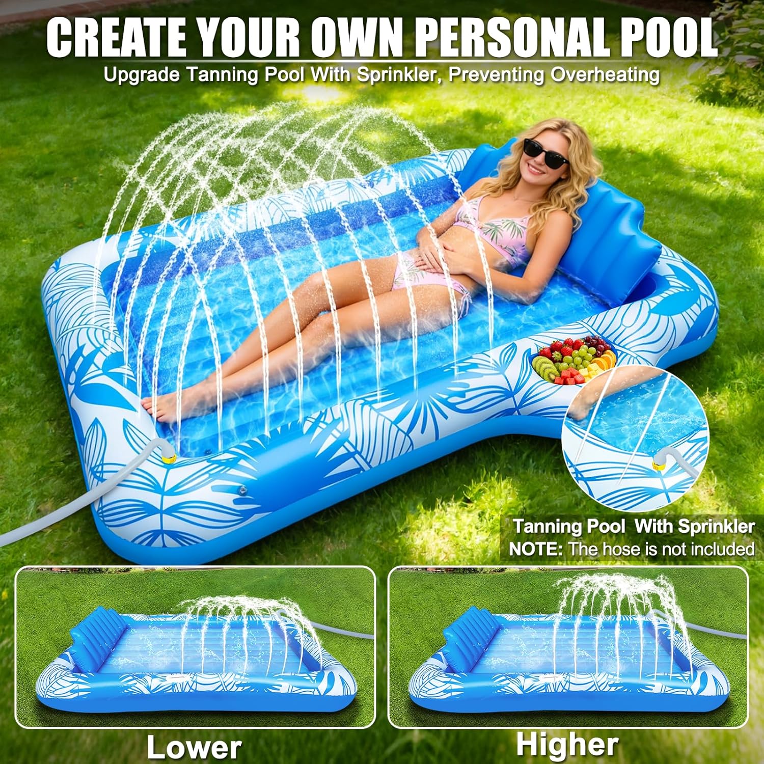 Inflatable Tanning Pool Lounger Float with Sprinkler, Extra Large Pool Floats Adult with Pillow 6 in 1 Suntan Tub