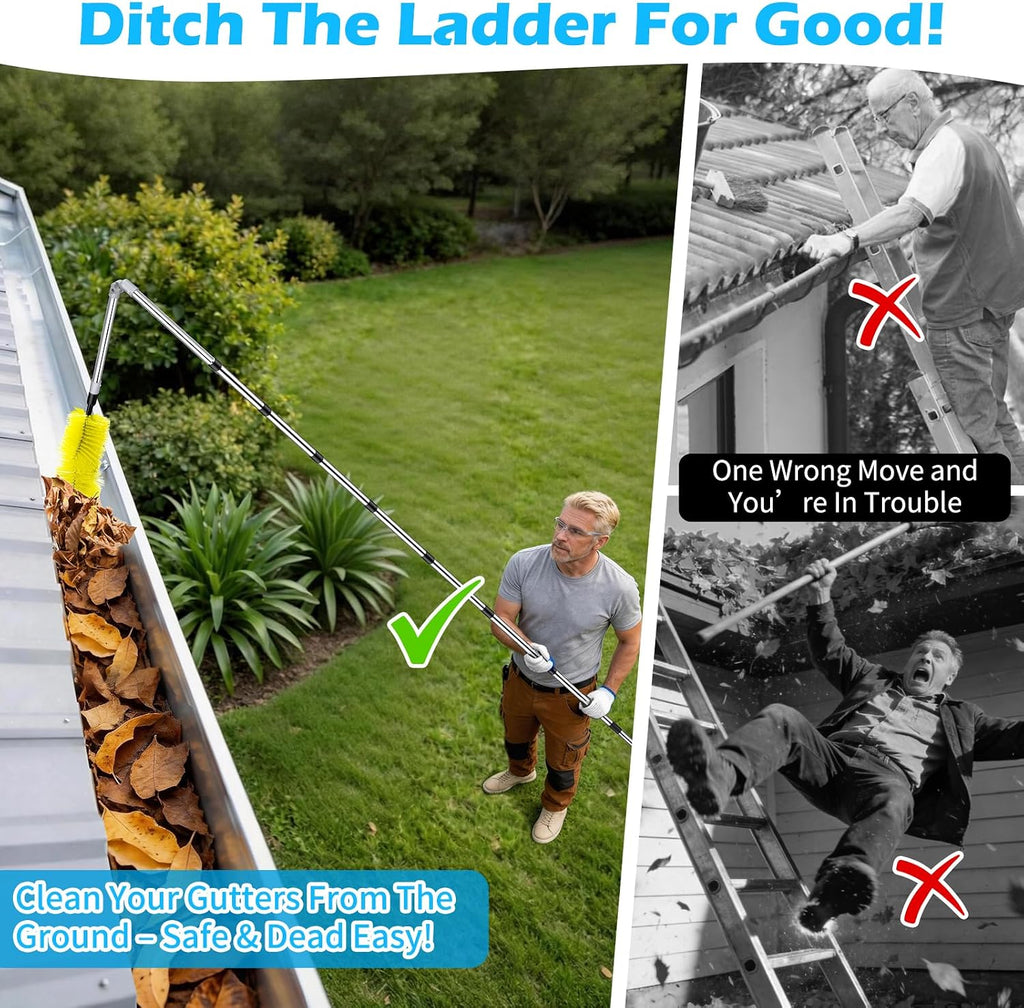 13FT Upgraded Gutter Cleaning Tools - Adjustable Long-Reach Rain Gutter Cleaning Brush, No Ladder Needed Removes Leaf