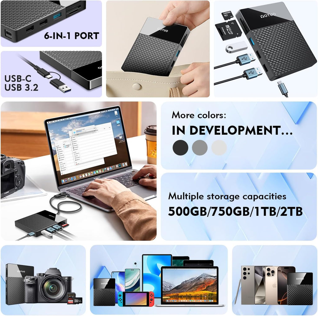 Portable 750GB Docking Station External Hard Drive, USB C Multiport Hub HDD 7-in-1, USB 3.0, SD/TF Card Reader