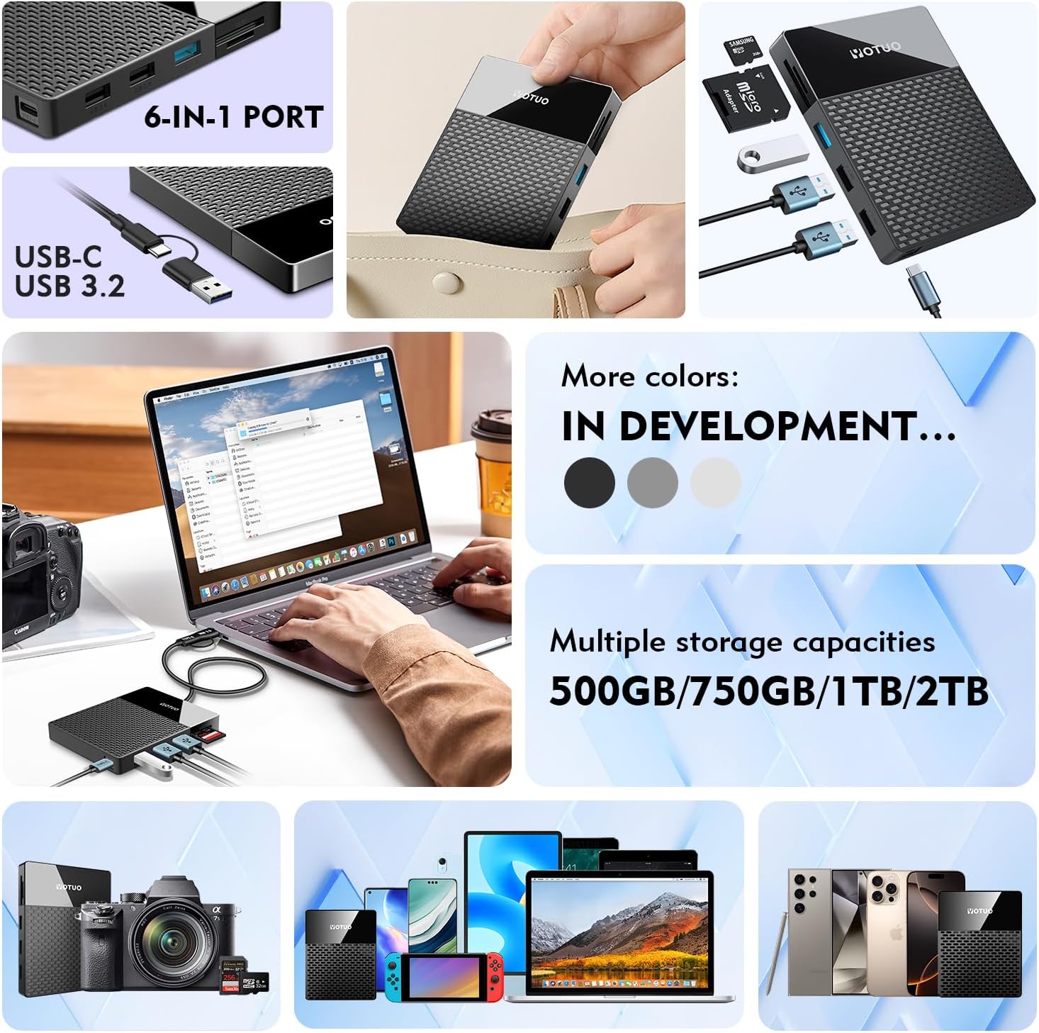 Portable 750GB Docking Station External Hard Drive, USB C Multiport Hub HDD 7-in-1, USB 3.0, SD/TF Card Reader