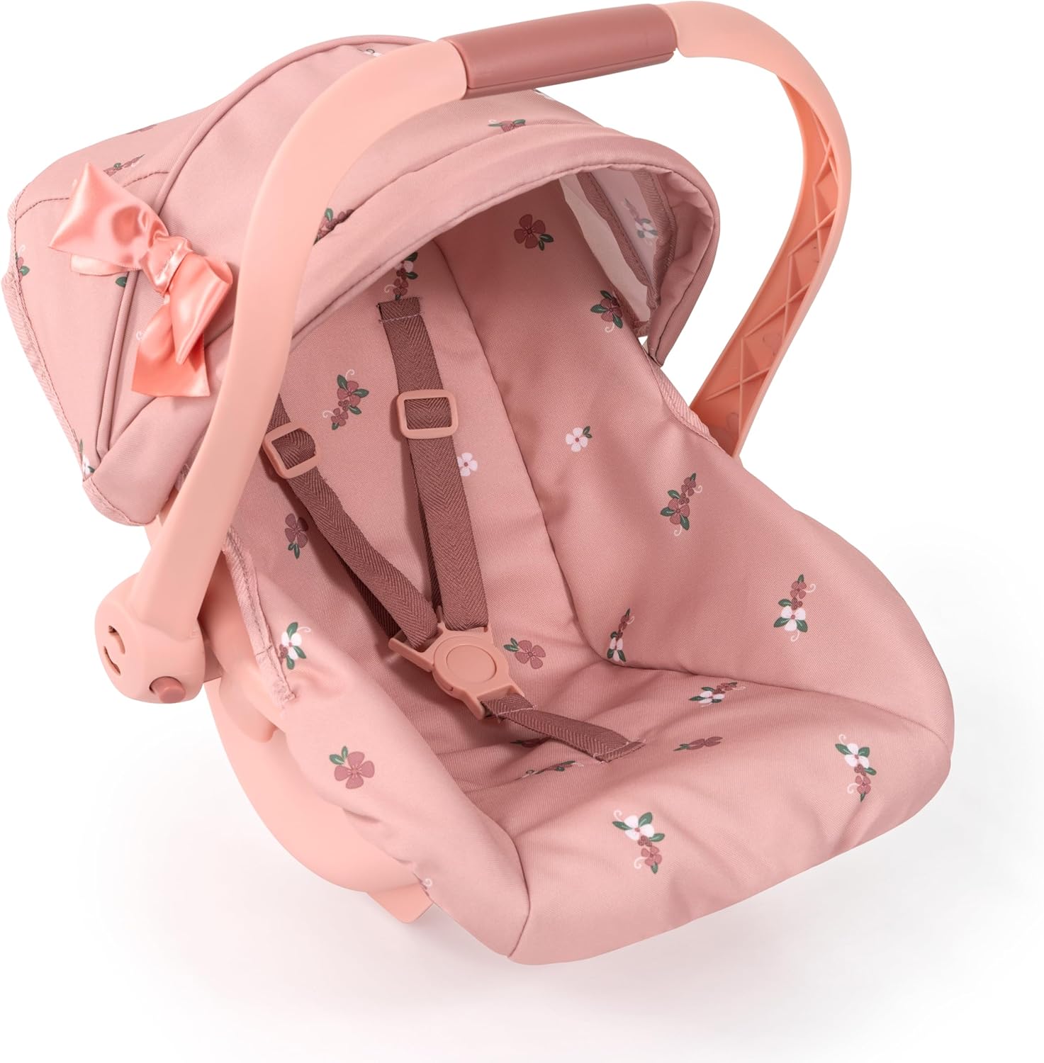 Design: Doll Deluxe Car Seat - Coral Pink Floral - Portable Travel Carrier for Dolls Up to 18", Sunshade & Carry