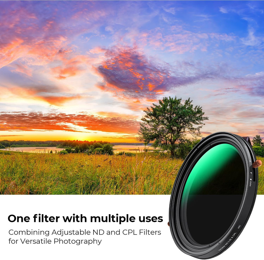 49mm Variable ND2-32 & CPL Polarizing Effect in 1 Lens Filter | 24 Multi-Coated Waterproof 1-5 Stops Adjustable