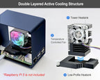 ElectroCookie Raspberry Pi 5 Case, Aluminum Mini Tower Case with Cooling Fan and Color Changing Ambient Light (Blue)