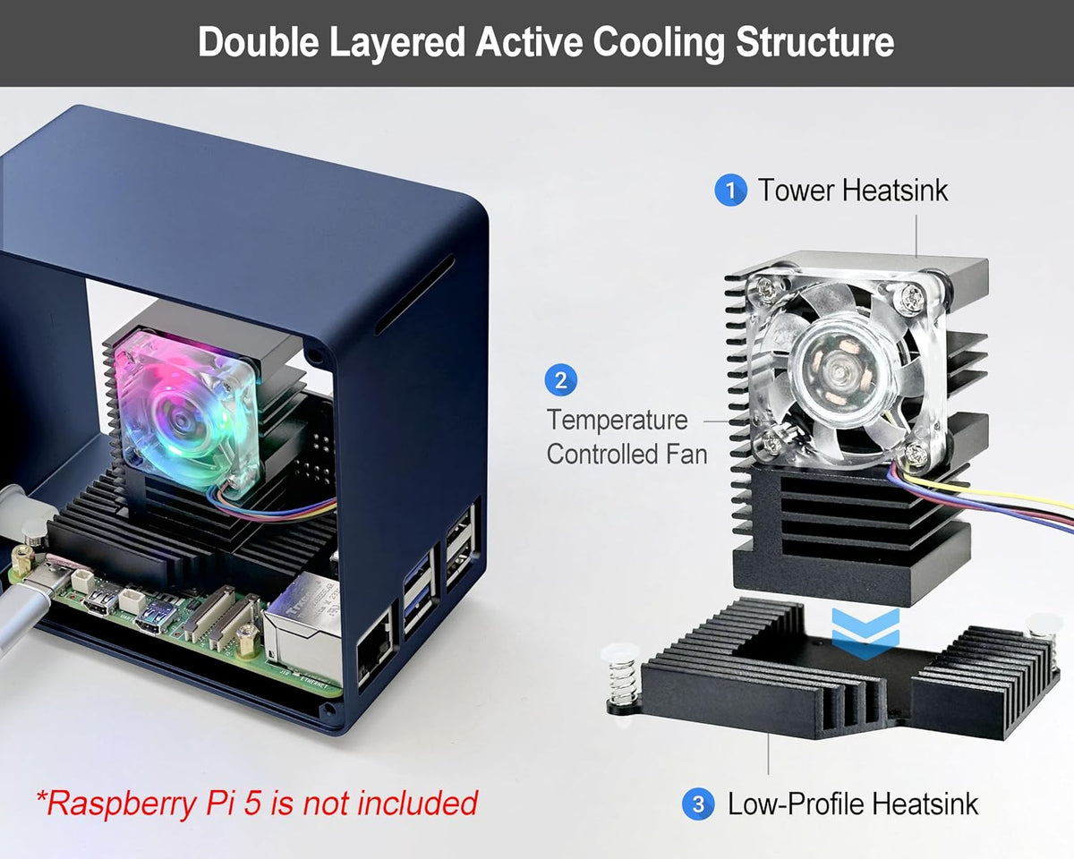 ElectroCookie Raspberry Pi 5 Case, Aluminum Mini Tower Case with Cooling Fan and Color Changing Ambient Light (Blue)