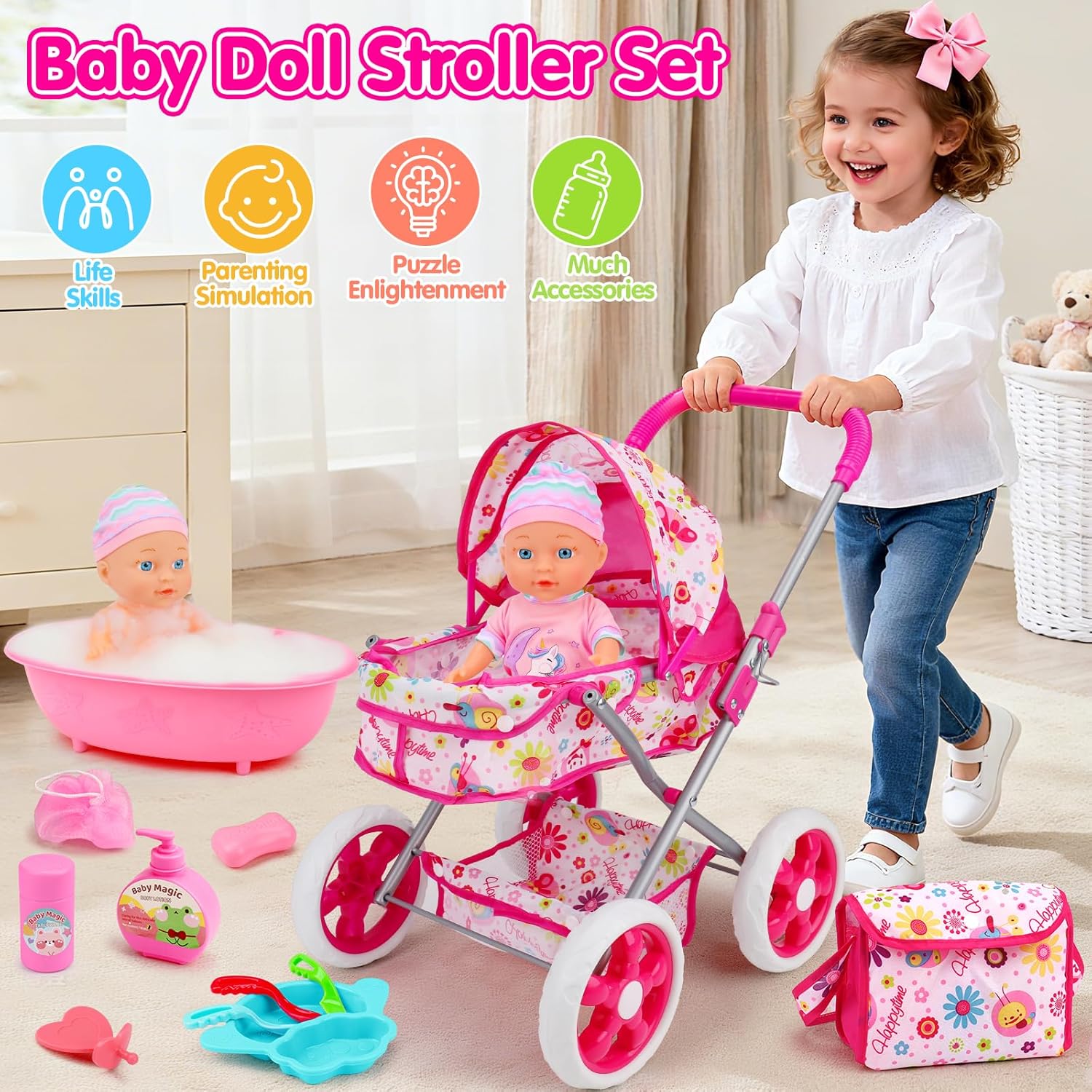 Baby Doll Stroller Set Toys for Girls Toddlers 3-5 4-6 5-7, Baby Doll Playset with 11" Doll, Bathtub and 20PCS Baby