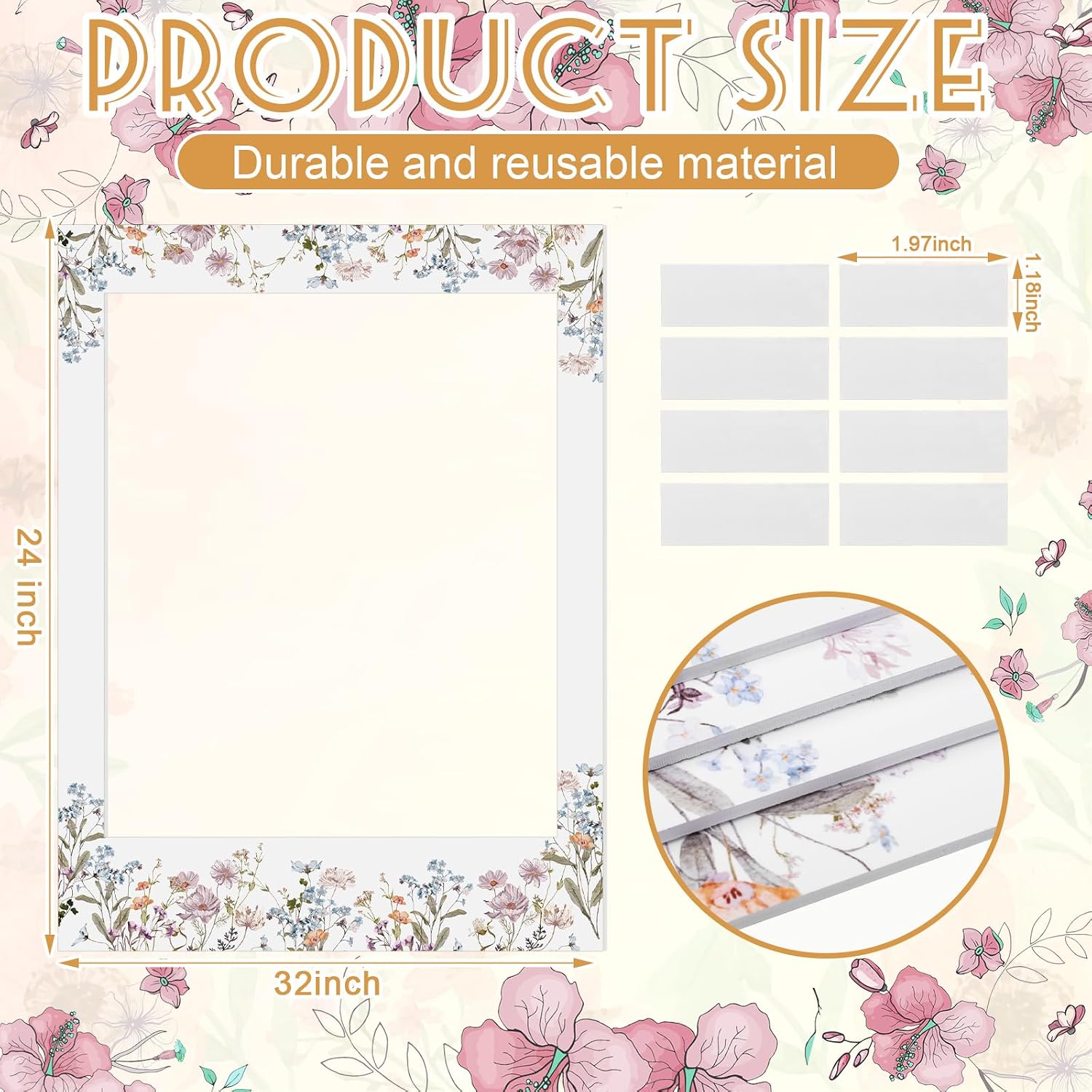 32 x 24 Inch Floral Photo Booth Frame Prop, DIY PVC Cutouts Photo Booth Selfie Frame for Bridal Shower, Wedding, Baby