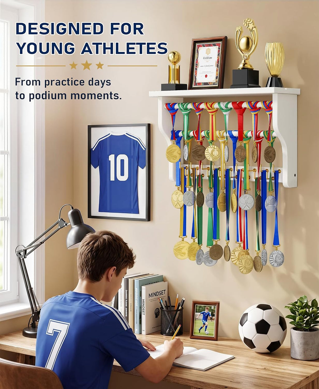 Medal Hanger Display, 3-Tier Solid Wood Trophy Shelf Rack | Medal Holder,2 Medal Bars,17 Metal Hooks,Heavy Duty