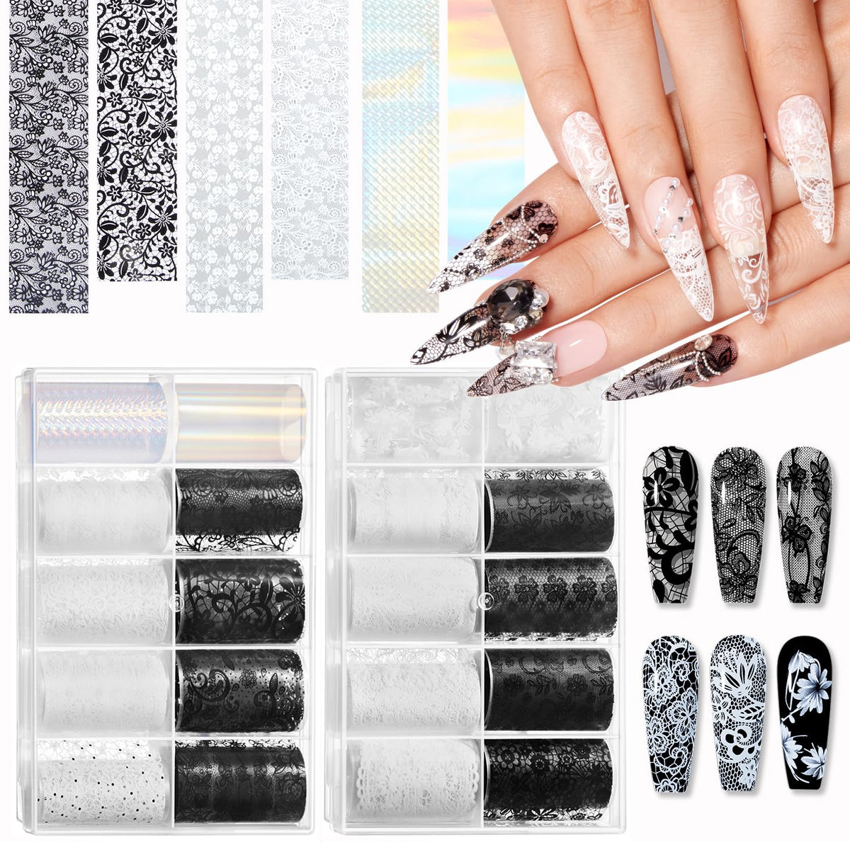 20 Rolls Lace Nail Foil Transfer Aurora Flower Nail Art Stickers