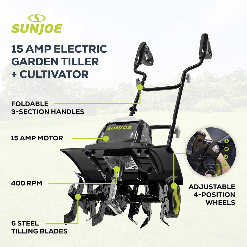 Corded Electric Garden Tiller & Cultivator with 15-Amp Motor and 6 Steel Tines – Heavy-Duty Rototiller with 15.7"